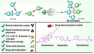 Graphical abstract: Microwave-assisted palladium-catalyzed threefold domino cyclization of 2-(2-(phenylethynyl)phenyl)-1H-benzo[d]imidazoles/indoles to access polycyclic motifs