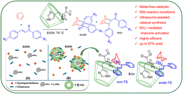 Graphical abstract: Ultrasound-generated cyclodextrin–amino acid inclusion complex with NH3+-mediated chalcone activation: metal-free catalysis surpassing nanoparticles
