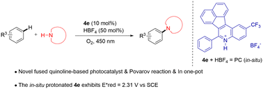 Graphical abstract: Photocatalytic C–H amination of electron-rich arenes by novel fused quinoline-based photocatalysts