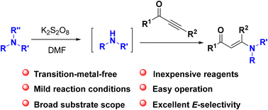 Graphical abstract: Synthesis of enaminones enabled by potassium persulfate oxidative N-dealkylation and addition to ynones