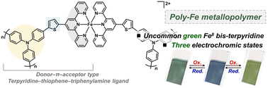 Graphical abstract: Terpyridine–thiophene–triphenylamine conjugated ligand design enabling green-colored, multistate electrochromic Fe(ii) metallopolymers