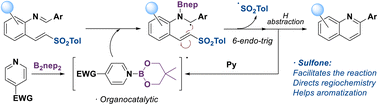 Graphical abstract: Pyridine-boryl radical mediated synthesis of quinolines via α-amino radical formation and intramolecular alkenyl sulfone trapping