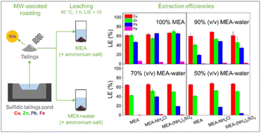 Graphical abstract: Solvation of copper(ii), zinc(ii) and lead(ii) in monoethanolamine solutions attained via leaching of microwave-assisted-roasted sulfidic tailings