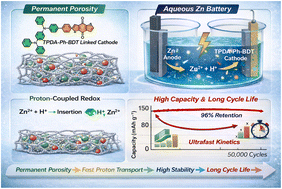 Graphical abstract: A tetraphenyl-p-phenylenediamine- and benzodithiophene-4,8-dione-based conjugated microporous polymer as a robust cathode for durable aqueous Zn batteries