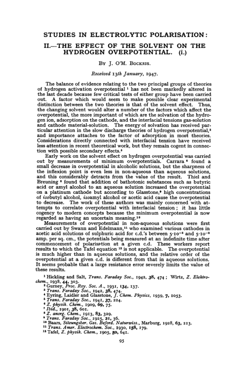 Studies in electrolytic polarisation: II.—The effect of the solvent on the hydrogen overpotential (i)
