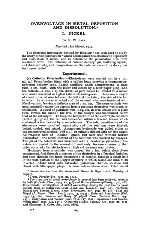 Overvoltage in metal deposition and dissolution. I.—Nickel