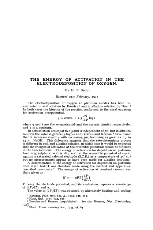 The energy of activation in the electrodeposition of oxygen
