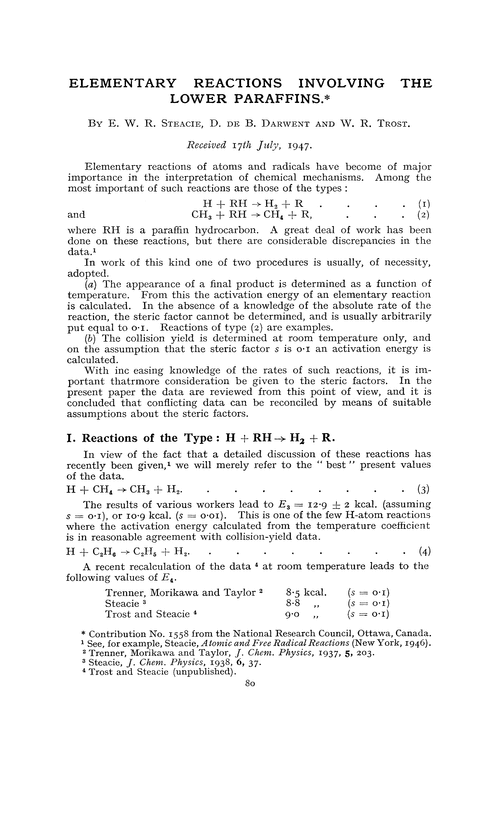 Elementary reactions involving the lower paraffins