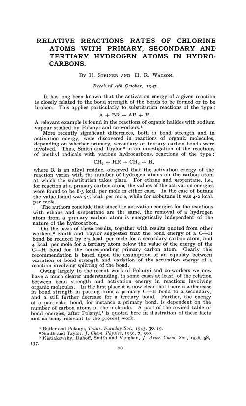 Relative reactions rates of chlorine atoms with primary, secondary and tertiary hydrogen atoms in hydrocarbons