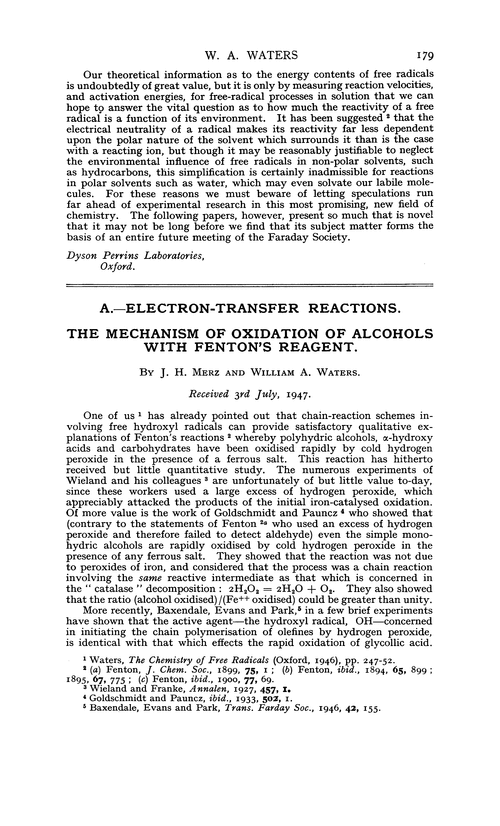 A.—Electron-transfer reactions. The mechanism of oxidation of alcohols with Fenton's reagent