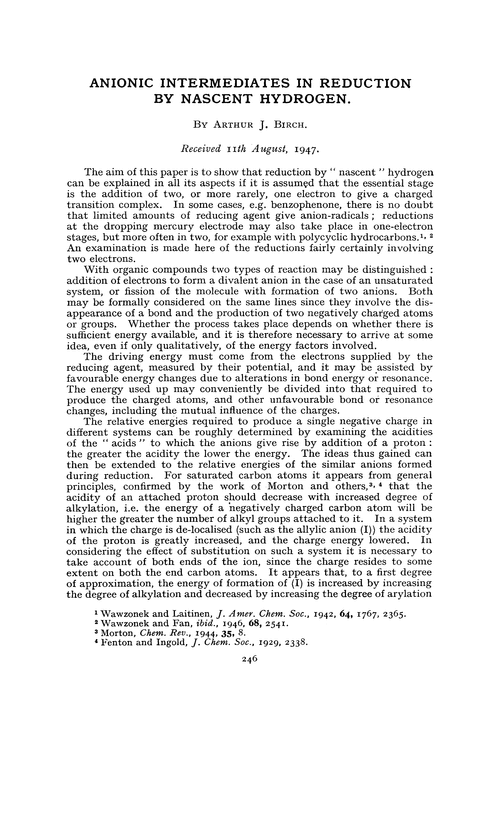 Anionic intermediates in reduction by nascent hydrogen