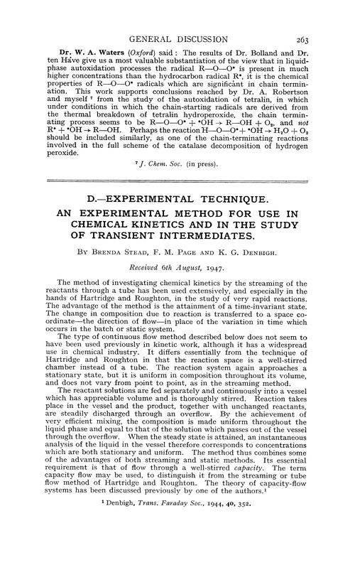 D.—Experimental technique. An experimental method for use in chemical kinetics and in the study of transient intermediates