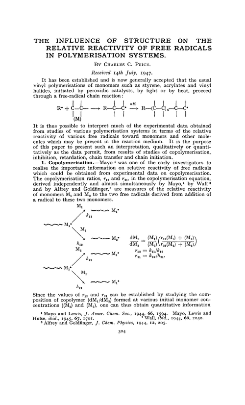 The influence of structure on the relative reactivity of free radicals in polymerisation systems