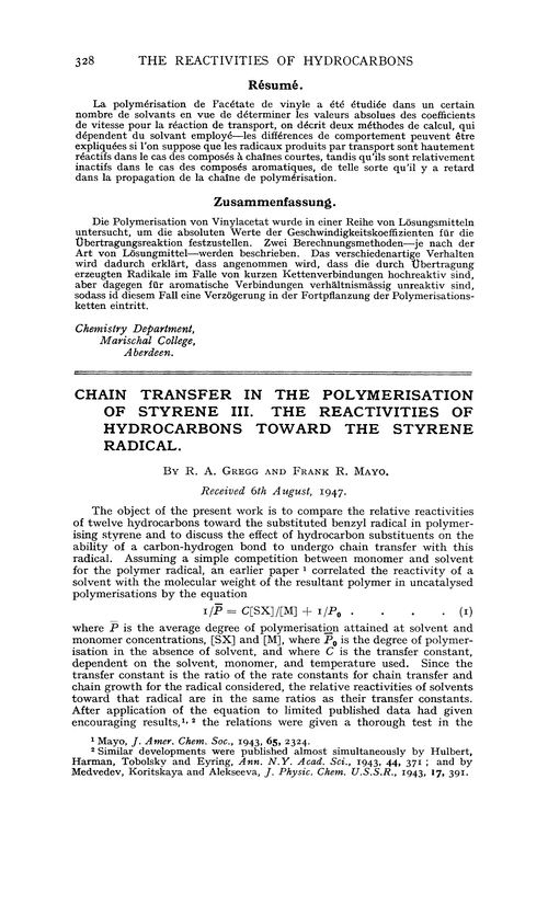 Chain transfer in the polymerisation of styrene iii. The reactivities of hydrocarbons toward the styrene radical