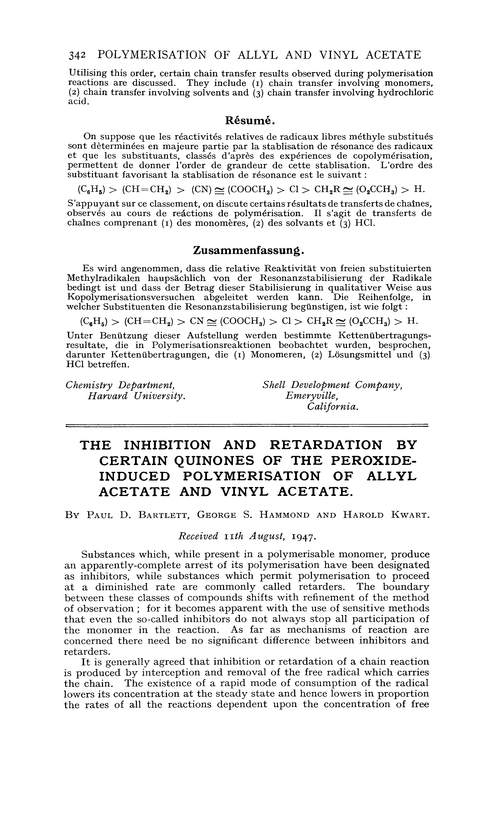 The inhibition and retardation by certain quinones of the peroxideinduced polymerisation of allyl acetate and vinyl acetate