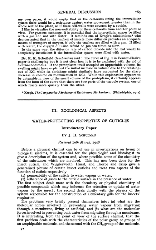Zoological aspects. Water-protecting properties of cuticles. Introductory paper