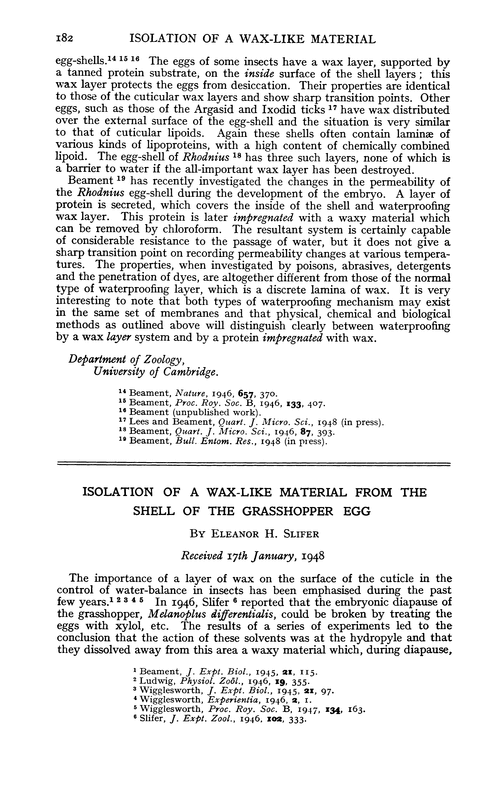 Isolation of a wax-like material from the shell of the grasshopper egg