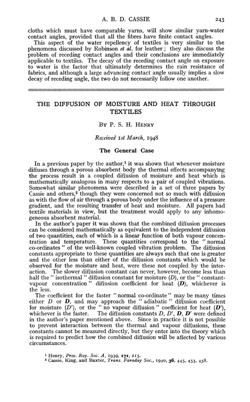 The diffusion of moisture and heat through textiles
