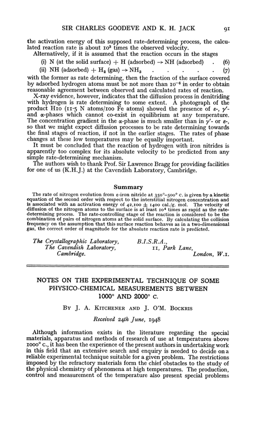Notes on the experimental technique of some physico-chemical measurements between 1000° and 2000° C
