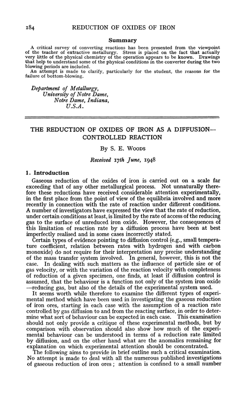 The reduction of oxides of iron as a diffusion—controlled reaction