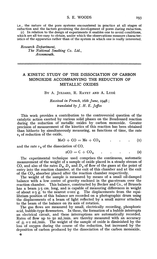 A kinetic study of the dissociation of carbon monoxide accompanying the reduction of metallic oxides