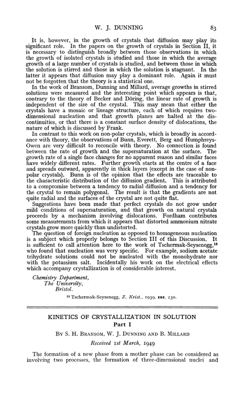 Kinetics of crystallization in solution. Part I