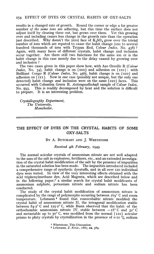 The effect of dyes on the crystal habits of some oxy-salts