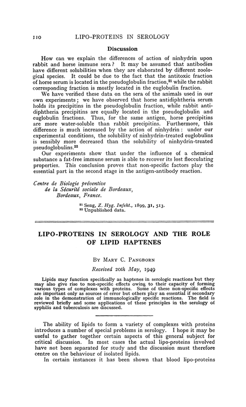 Lipo-proteins in serology and the role of lipid haptenes