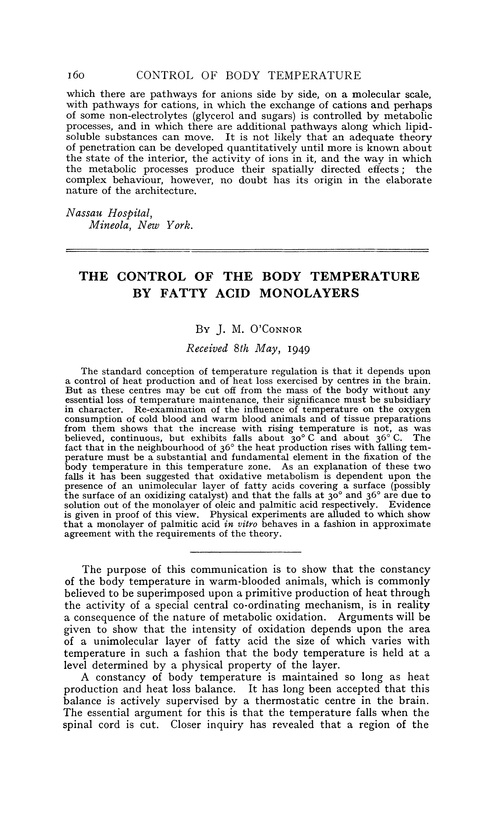 The control of the body temperature by fatty acid monolayers