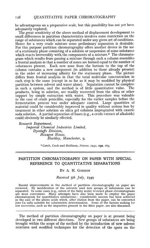 Partition chromatography on paper with special reference to quantitative separations