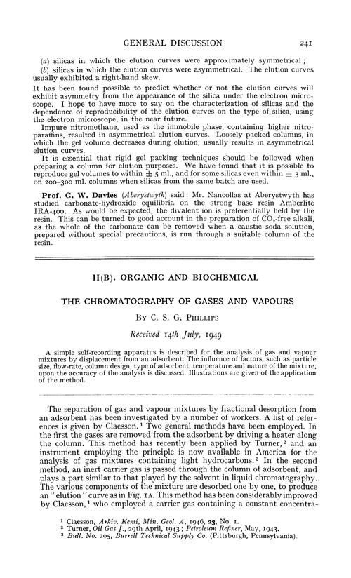 II(B). Organic and biochemical. The chromatography of gases and vapours