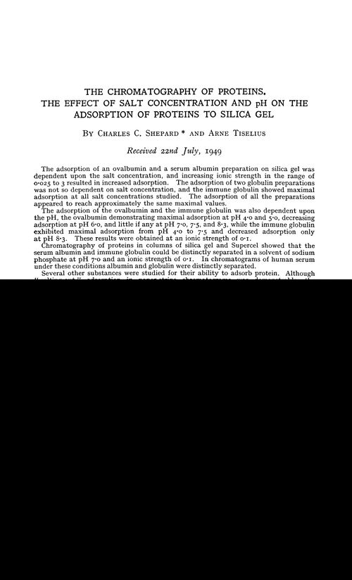 The chromatography of proteins. The effect of salt concentration and pH on the adsorption of proteins to silica gel