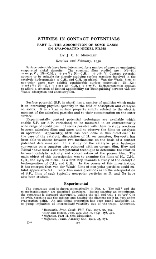 Studies in contact potentials. Part I.—The adsorption of some gases on evaporated nickel films