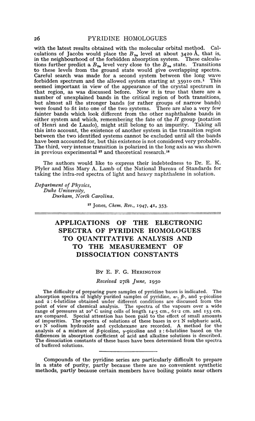 Applications of the electronic spectra of pyridine homologues to quantitative analysis and to the measurement of dissociation constants