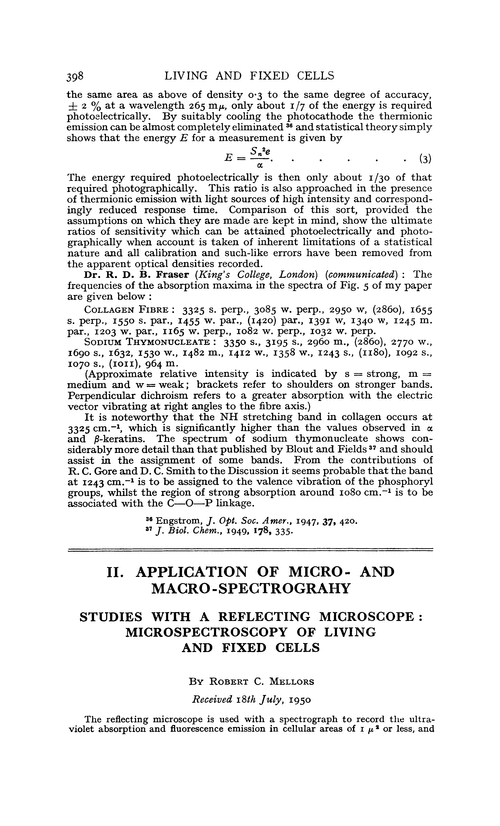 Application of micro- and macro-spectrography. Studies with a reflecting microscope: microspectroscopy of living and fixed cells