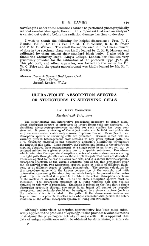 Ultra-violet absorption spectra of structures in surviving cells