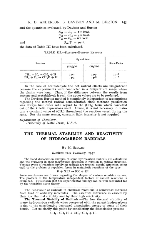 The thermal stability and reactivity of hydrocarbon radicals