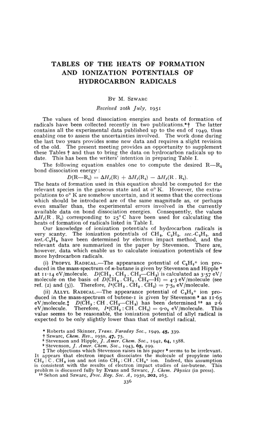 Tables of the heats of formation and ionization potentials of hydrocarbon radicals