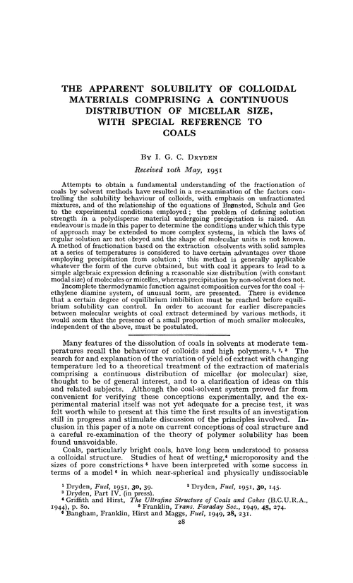 The apparent solubility of colloidal materials comprising a continuous distribution of micellar size, with special reference to coals
