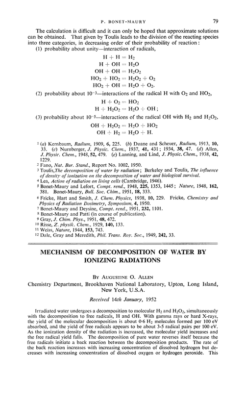 Mechanism of decomposition of water by ionizing radiations