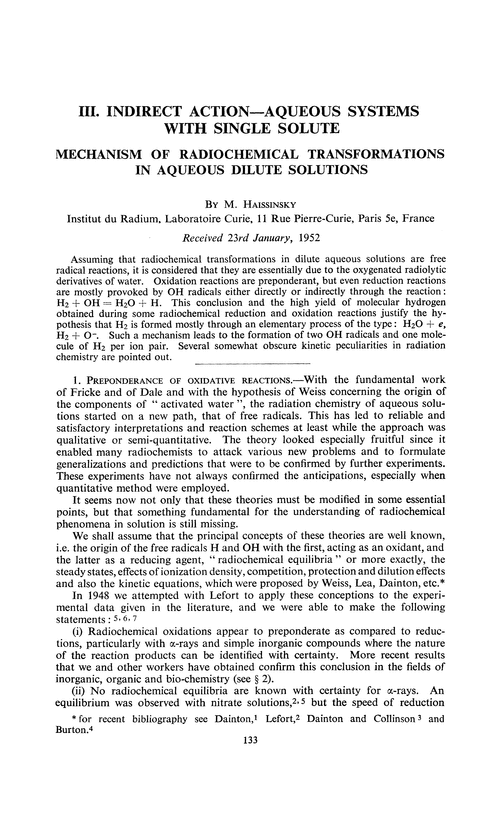 Indirect action—aqueous system with single solute. Mechanism of radiochemical transformations in aqueous dilute solutions