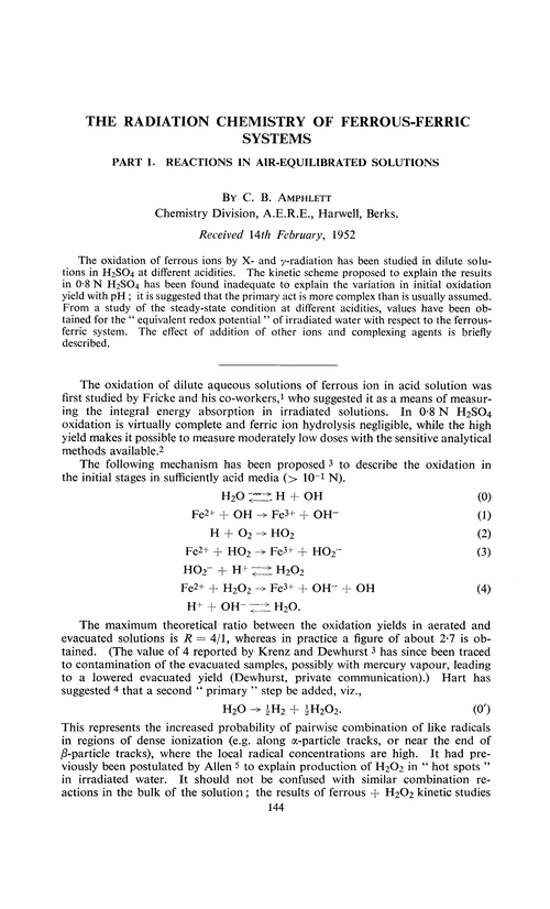 The radiation chemistry of ferrous-ferric systems. Part 1. Reactions in air-equilibrated solutions