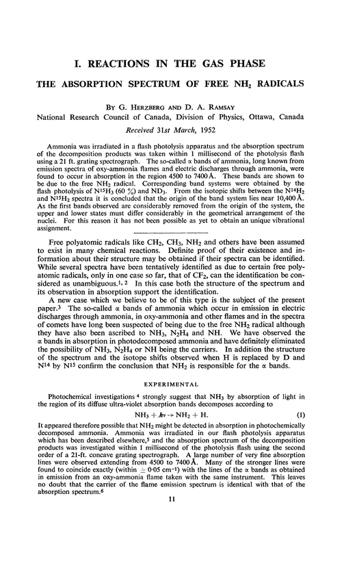 Reactions in the gas phase. The absorption spectrum of free NH2 radicals