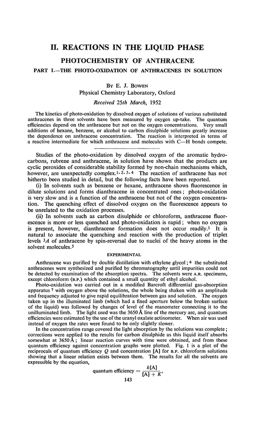 Reactions in the liquid phase. Photochemistry of anthracene. Part 1.—The photo-oxidation of anthracene in solution