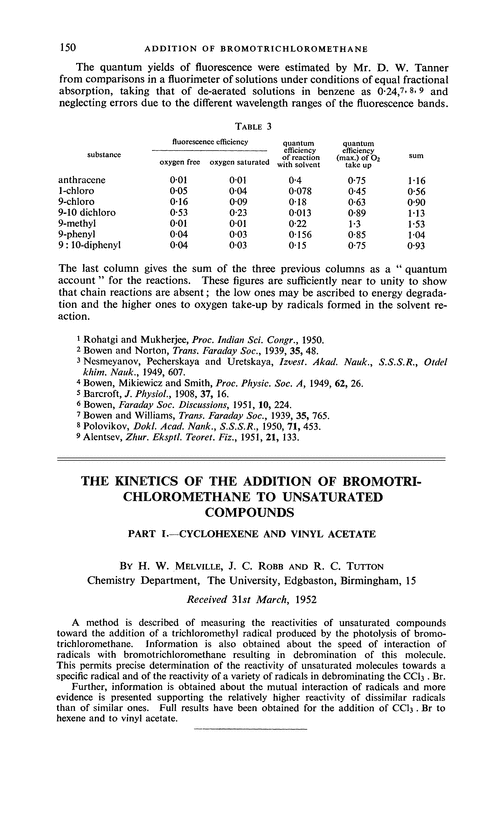 The kinetics of the addition of bromotrichloromethane to unsaturated compounds. Part I.—Cyclohexene and vinyl acetate