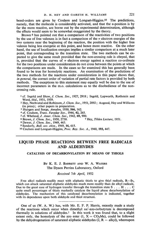 Liquid phase reactions between free radicals and aldehydes. Catalysis of decarbonylation by means of thiols