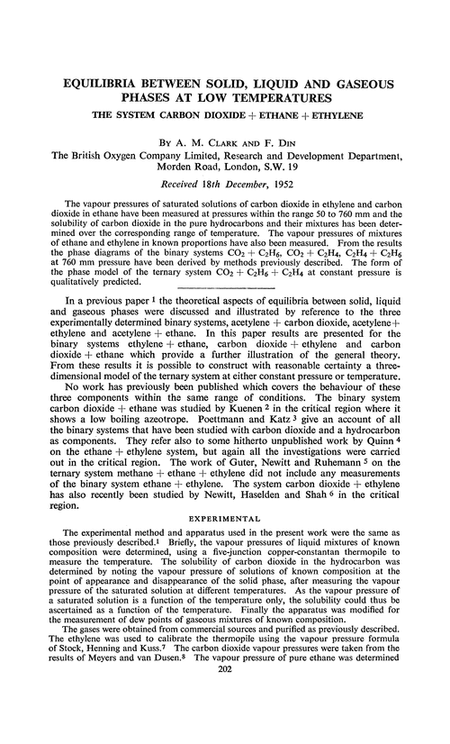 Equilibria between solid, liquid and gaseous phases at low temperatures. The system carbon dioxide + ethane + ethylene