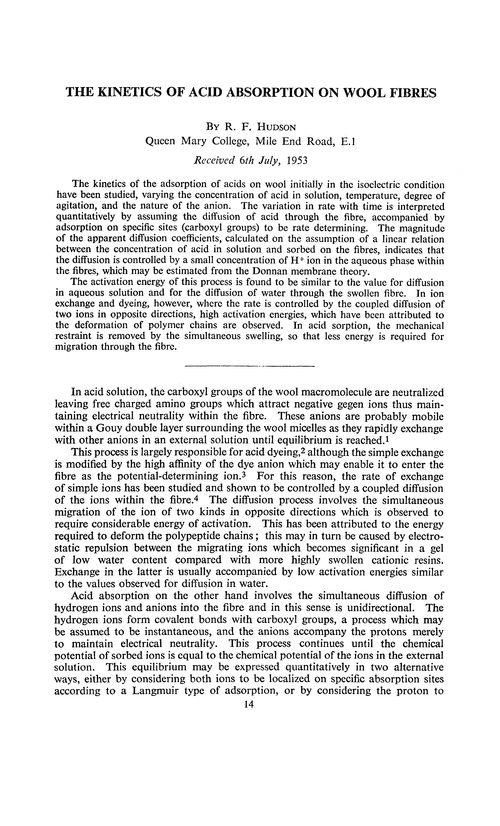 The kinetics of acid absorption on wool fibres