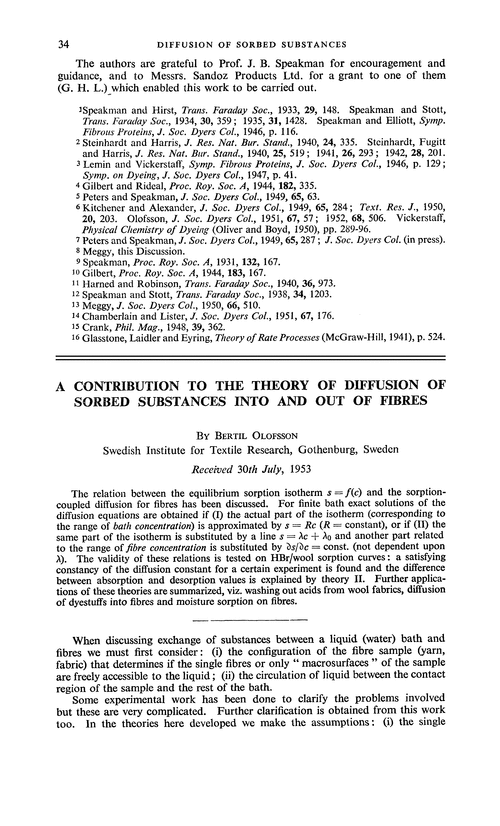 A contribution to the theory of diffusion of sorbed substances into and out of fibres