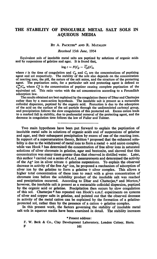 The stability of insoluble metal salt sols in aqueous media